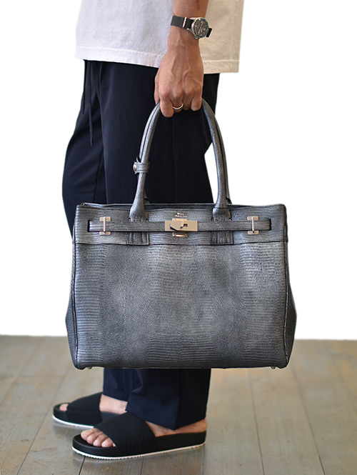 M.U.L Leather Grey/Silver Tote (M) リザード型押しレザー を通販