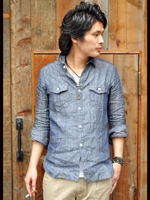 ETOFFE 7袖シャンブレーサファリリネンシャツ