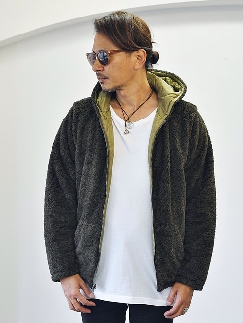 FREE CITY ボアフリース リバーシブル ジップアップパーカー OLIVE