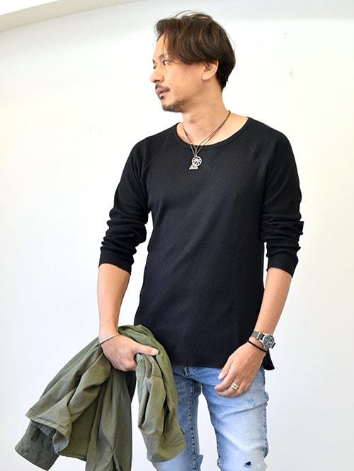 CAL O LINE コラボ フィンネック サーマルロングスリーブ TEE BLACK