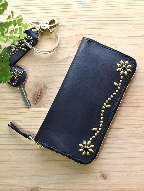 【ご予約オーダー生産】CROSSED ARROWS Studded　LONG WALLET　BLACK TYPE 2　ゴールド/ブラック