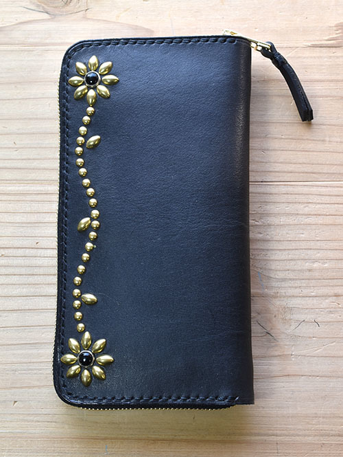 【ご予約オーダー生産】CROSSED ARROWS Studded　LONG WALLET　BLACK TYPE 2　ゴールド/ブラック