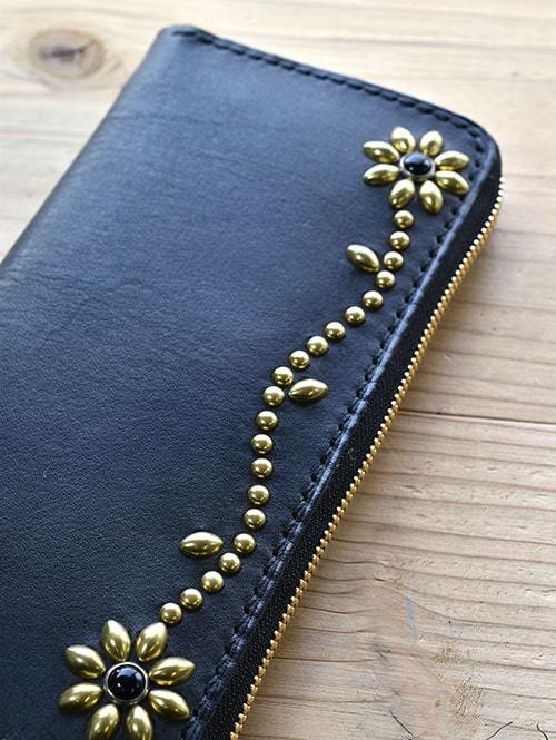 【ご予約オーダー生産】CROSSED ARROWS Studded　LONG WALLET　BLACK TYPE 2　ゴールド/ブラック