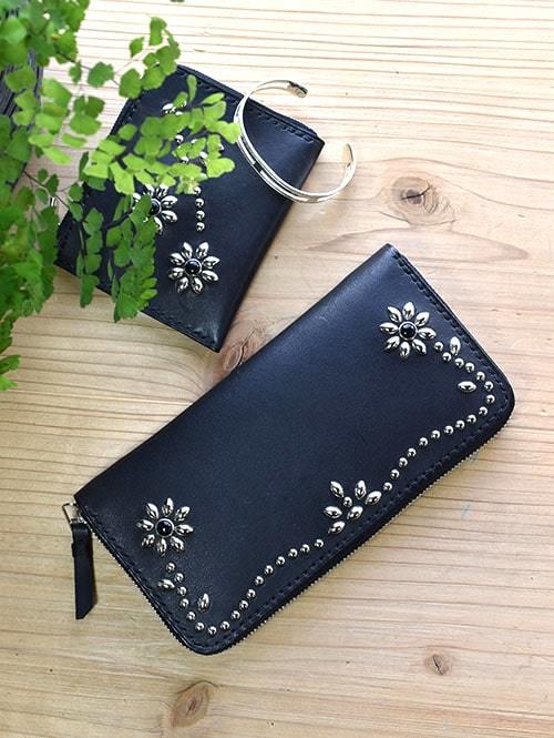 【オーダー生産　予約 】　CROSSED ARROWS Studded　LONG WALLET　BLACK TYPE 1　