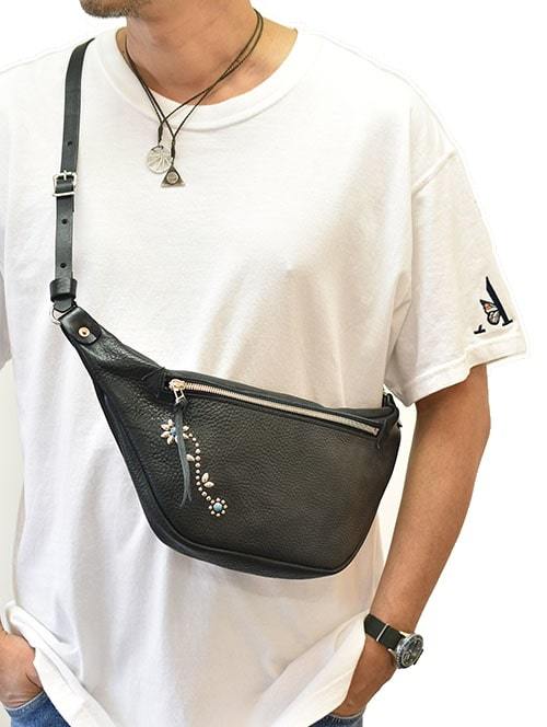 CROSSED ARROWS エトフ別注 ターコイズフラワー レザーショルダーバッグ BLACK