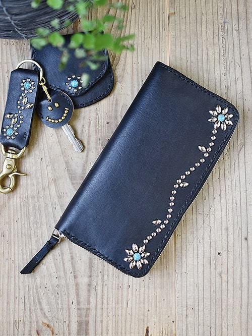 CROSSED ARROWS Studded　LONG WALLET　BLACK TYPE 2 ターコイズ