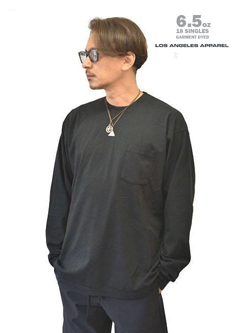 LOS ANGELES APPAREL 6.5oz ヘビーウエイト ロングスリーブ ポケットTシャツ Black