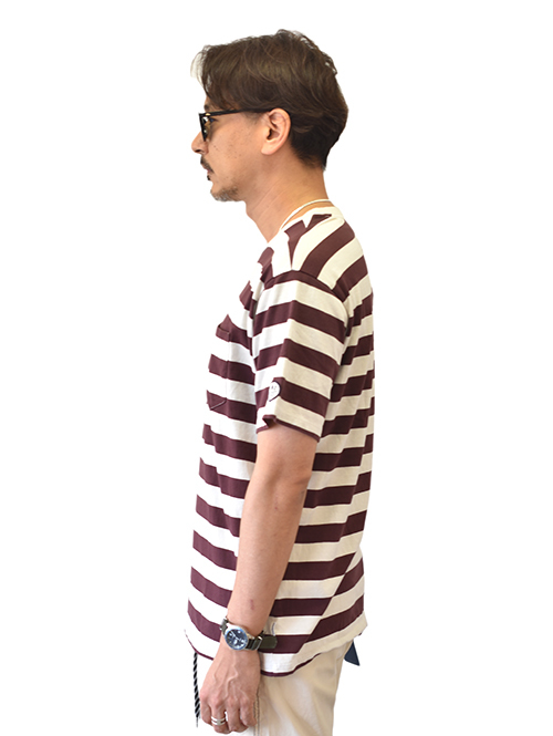 TURN ME ON マハバーラ天竺ボーダー PKT TEE Burgundy