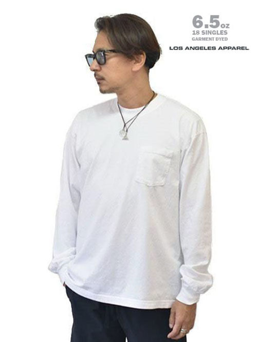 LOS ANGELES APPAREL 6.5oz ヘビーウエイト ロングスリーブ ポケットTシャツ White  再入荷