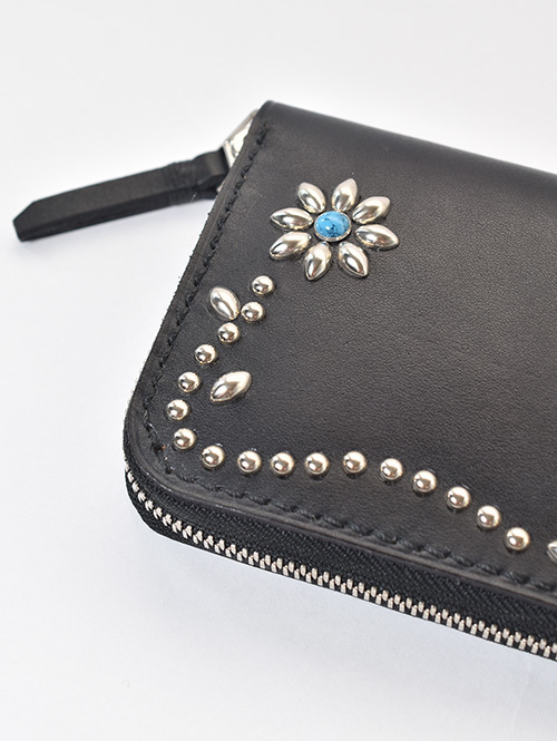 【オーダー生産 予約 】CROSSED ARROWS  Studded　LONG WALLET　BLACK/SILVER TYPE 1　ターコイズ