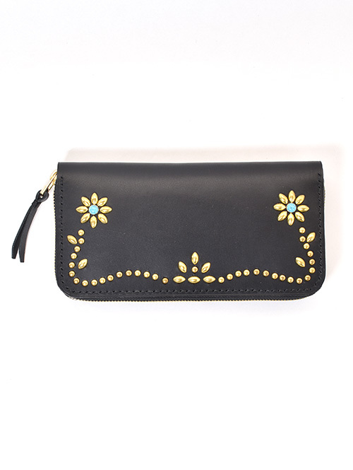 【オーダー生産 予約 】CROSSED ARROWS  Studded　LONG WALLET　BLACK /GOLDTYPE 1　ターコイズ