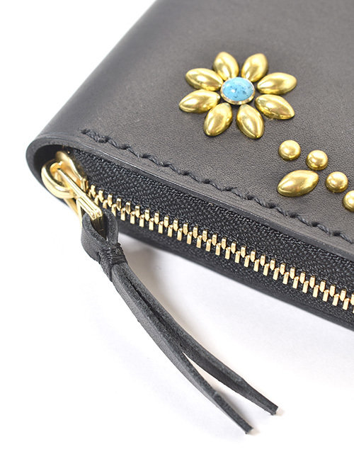 【オーダー生産 予約 】CROSSED ARROWS  Studded　LONG WALLET　BLACK /GOLDTYPE 1　ターコイズ