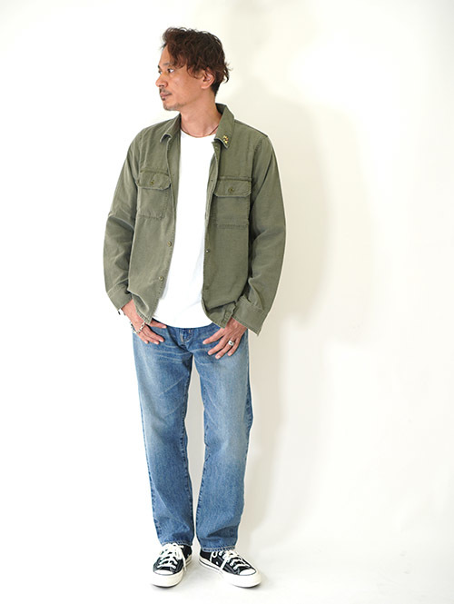 REMI RELIEF(レミリリーフ）Small  Flower Studded  Militaly Shirts Khaki