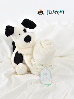Jellycat Bashful Black & Cream Puppy Soother ｼﾞｪﾘｰｷｬｯﾄ　バシュフル　白黒犬　いぬ　小さな毛布がついた縫いぐるみ　ブランケット付き縫いぐるみ