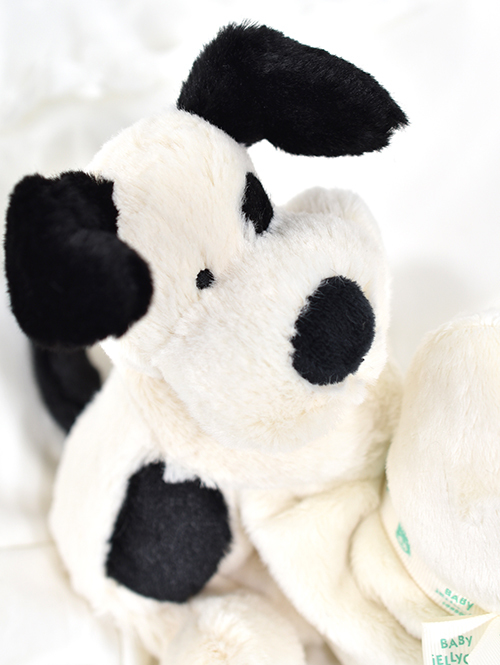 Jellycat Bashful Black & Cream Puppy Soother ｼﾞｪﾘｰｷｬｯﾄ　バシュフル　白黒犬　いぬ　小さな毛布がついた縫いぐるみ　ブランケット付き縫いぐるみ