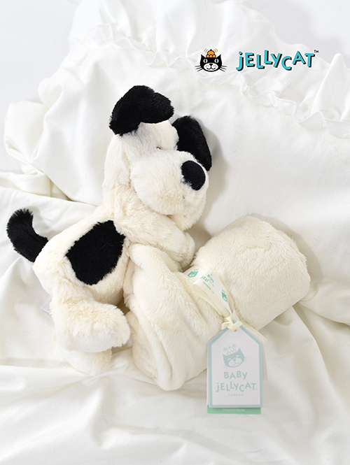 Jellycat Bashful Black & Cream Puppy Soother ｼﾞｪﾘｰｷｬｯﾄ　バシュフル　白黒犬　いぬ　小さな毛布がついた縫いぐるみ　ブランケット付き縫いぐるみ