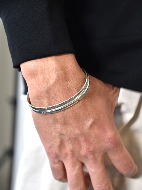 Navajo John Nelson Feather Silver Bangle