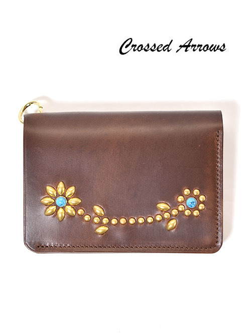 CROSSED ARROWS クロムレザー スタッズ チェーン穴付きトラッカーウォレット- Brown/Gold/Turquoise