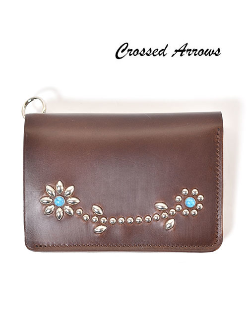 CROSSED ARROWS クロムレザー スタッズ チェーン穴付きトラッカーウォレット- Brown/Silver/Turquoise