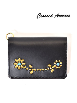 CROSSED ARROWS 　クロムレザー　スタッズ　チェーン穴付きトラッカーウォレット-　Black/Gold/Turquoise