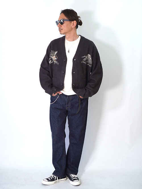 REMI RELIEF モヘアニットカーデ　スカジャン柄 - Charcorl