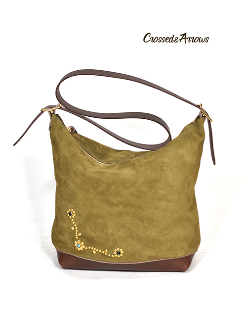CROSSED  ARROWS フラワースタッズ　 レザーショルダーバッグ 　KHAKI
