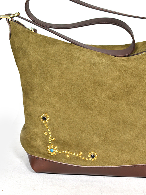 CROSSED  ARROWS フラワースタッズ　 レザーショルダーバッグ 　KHAKI