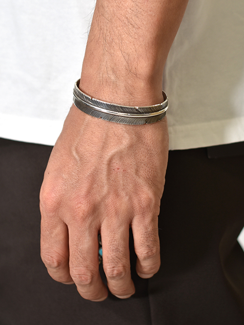 Navajo John Nelson Feather Silver Bangle
